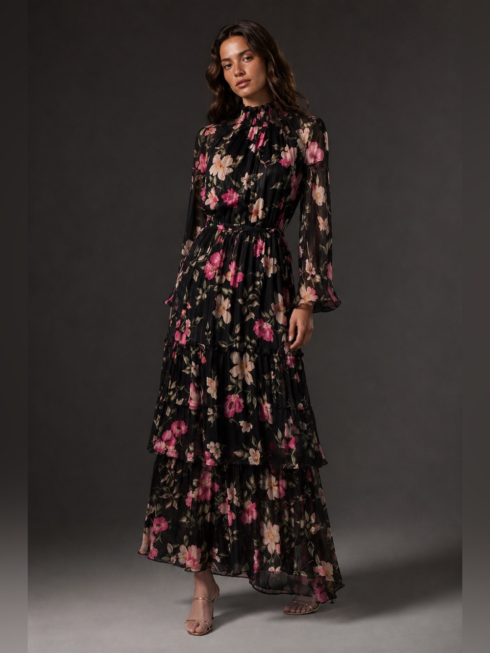 Metallic Lurex Floral Tiered Maxi Dress Size 6
